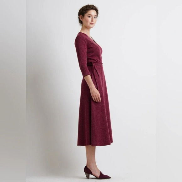 Christine Alcalay Small Wrap Sweater Dress Burgundy Midi Length Pockets - Picture 2 of 14